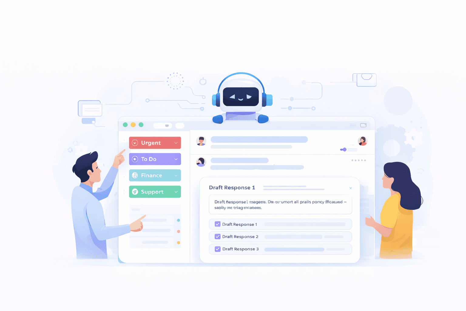 AI-assisted email management for teams — inbox view with triage labels and draft responses